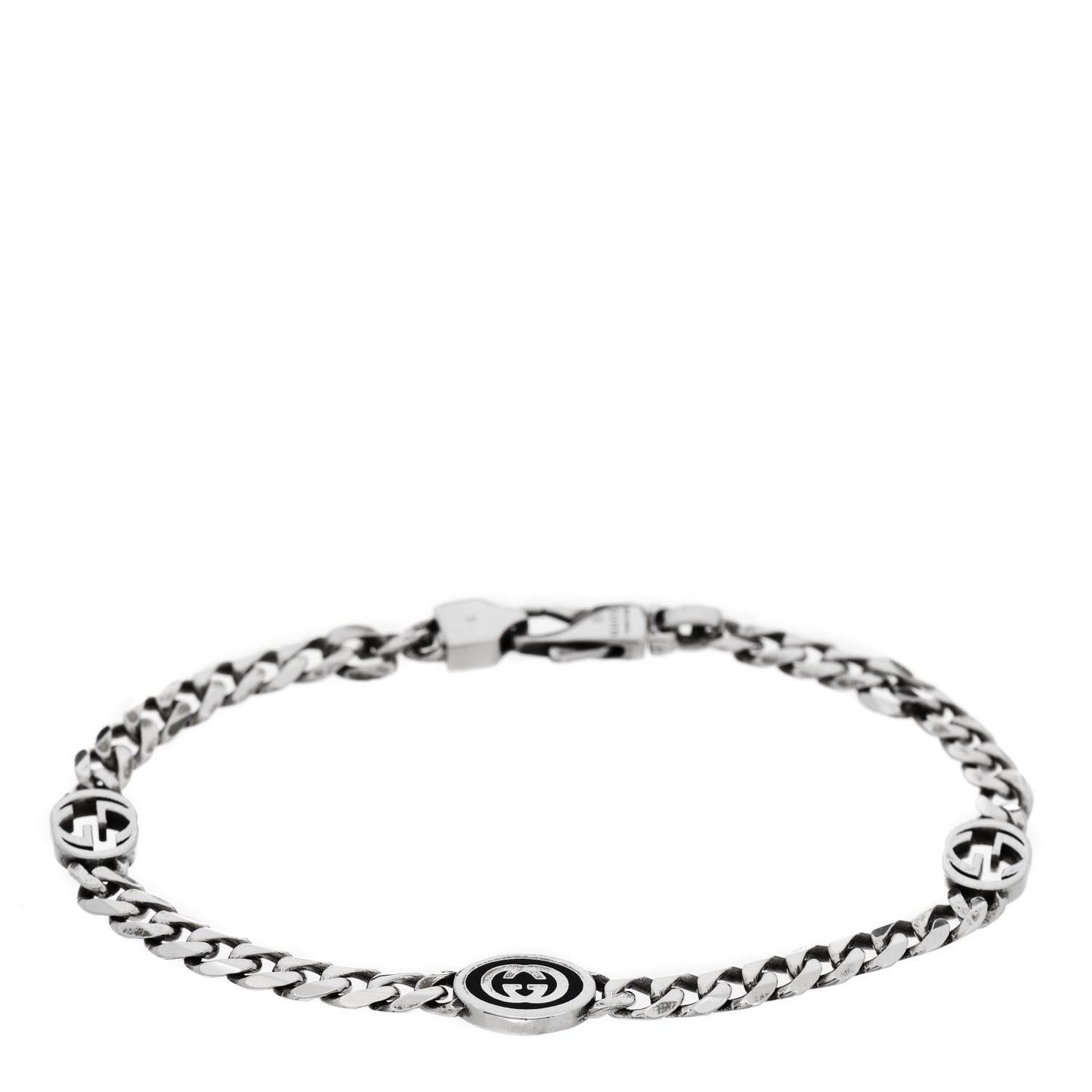 Sterling Silver Enamel Interlocking G Curb Chain Bracelet Black