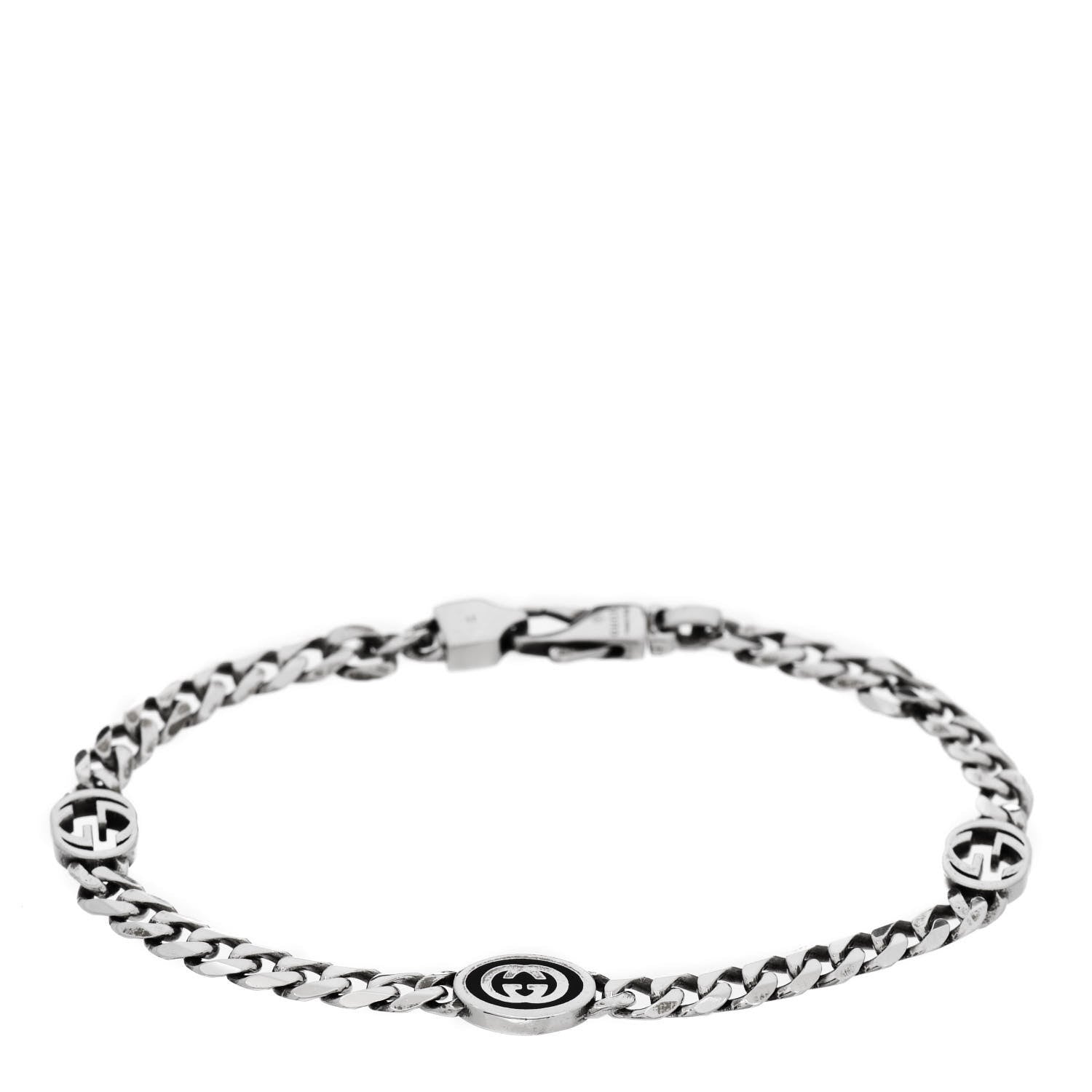 Gucci Sterling Silver Enamel Interlocking G Curb Chain Bracelet Black 1 of 6