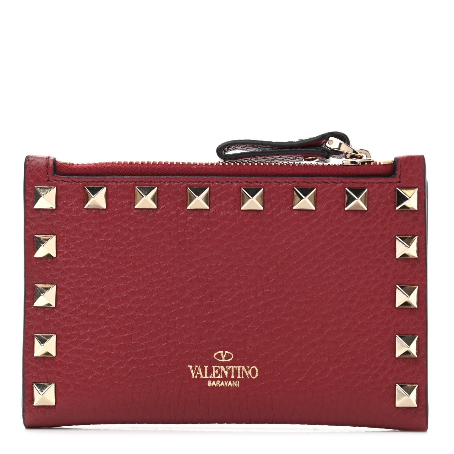 Pebbled Calfskin Rockstud Coin Case Card Holder Dark Red