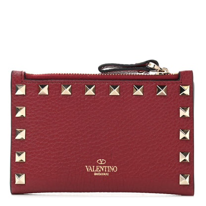 Valentino Garavani Pebbled Calfskin Rockstud Coin Case Card Holder Dark Red 1 of 8