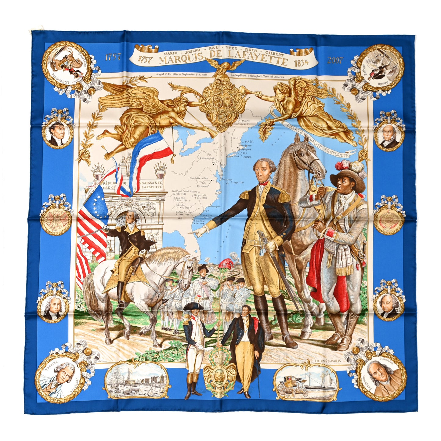 Silk Marquis De Lafayette Scarf 90 Bleu Sable Orange