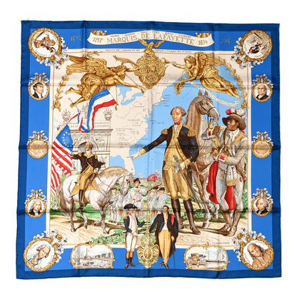 Hermes Silk Marquis De Lafayette Scarf 90 Bleu Sable Orange 1 of 6