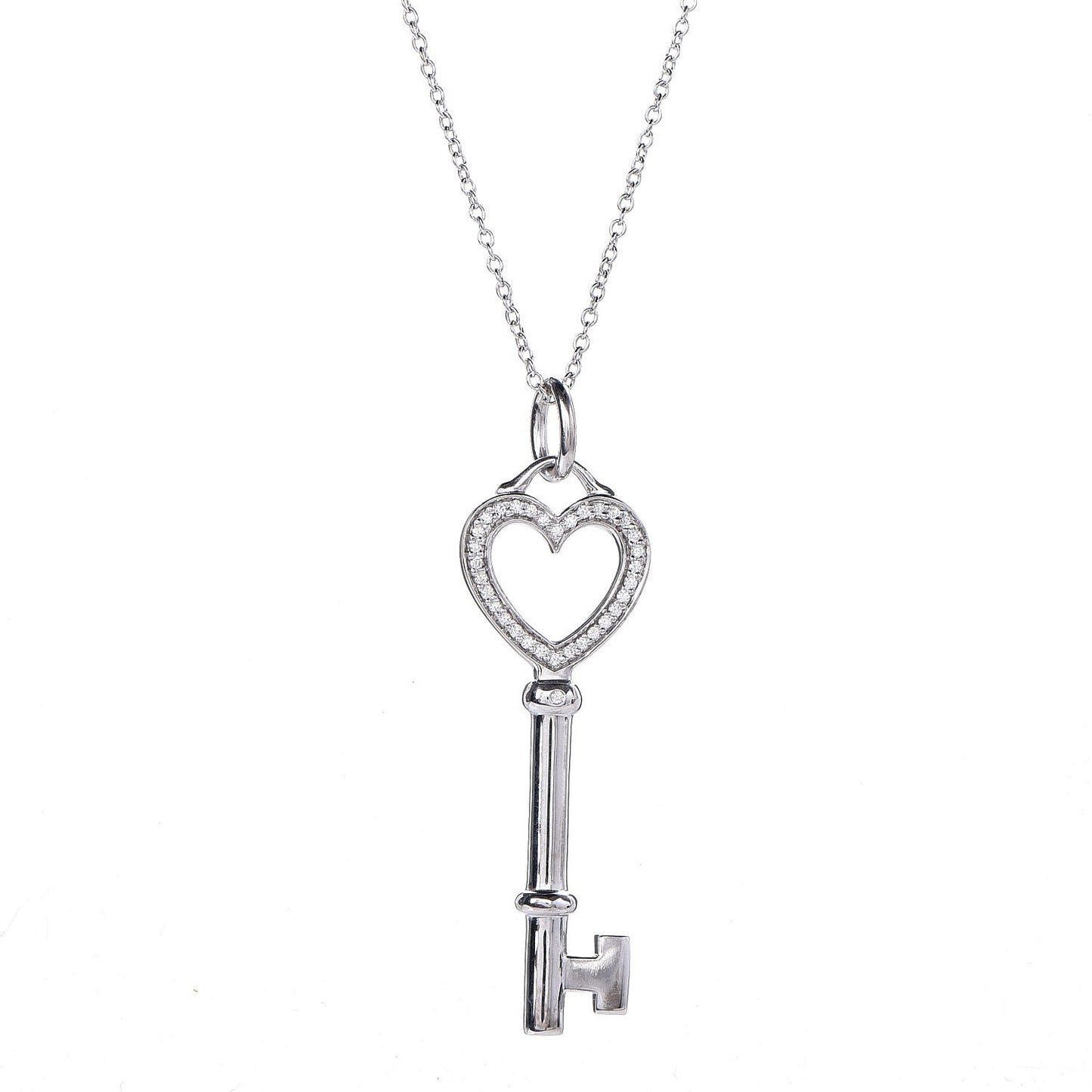18K White Gold Diamond Medium Heart Key Pendant Necklace