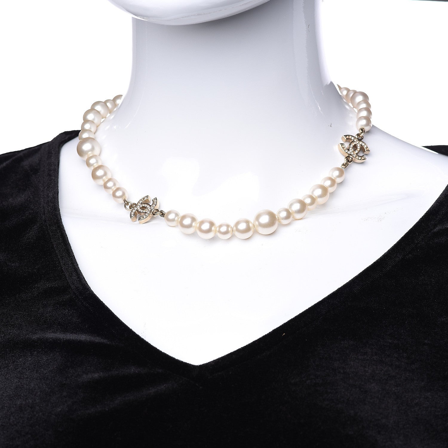 Chanel Pearl Crystal CC Short Necklace Gold 2 of 9