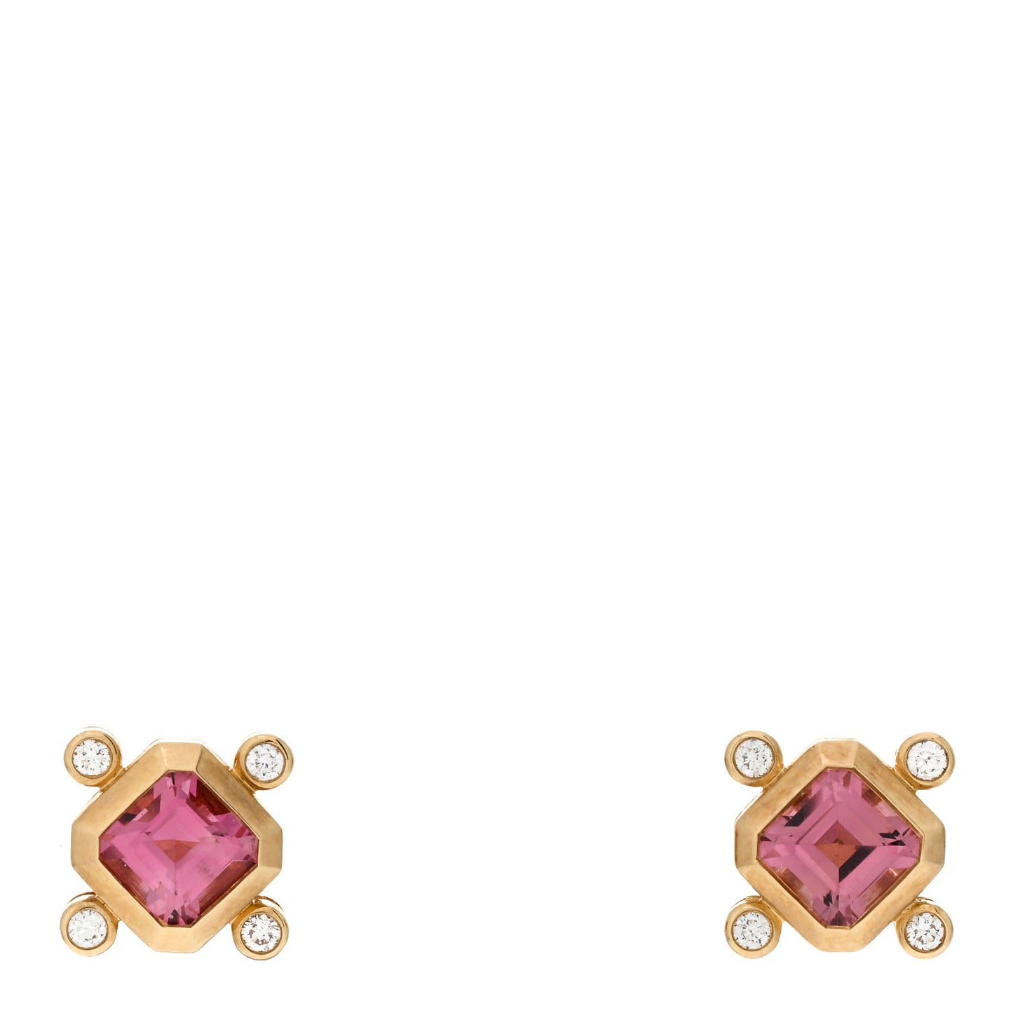 18K Yellow Gold Diamond Pink Tourmaline Novella Stud Earrings