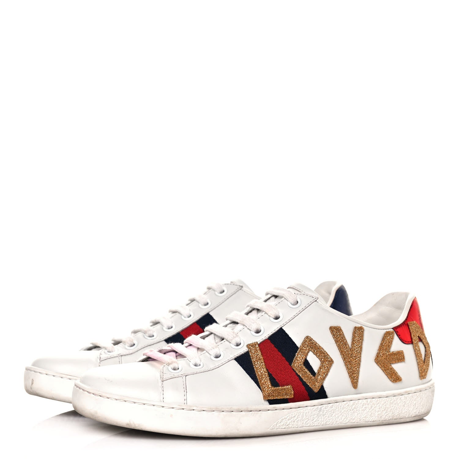 Gucci Calfskin Nappa Web LOVED Embroidered Womens Ace Sneakers 37.5 White Red Flame Notte 3 of 9