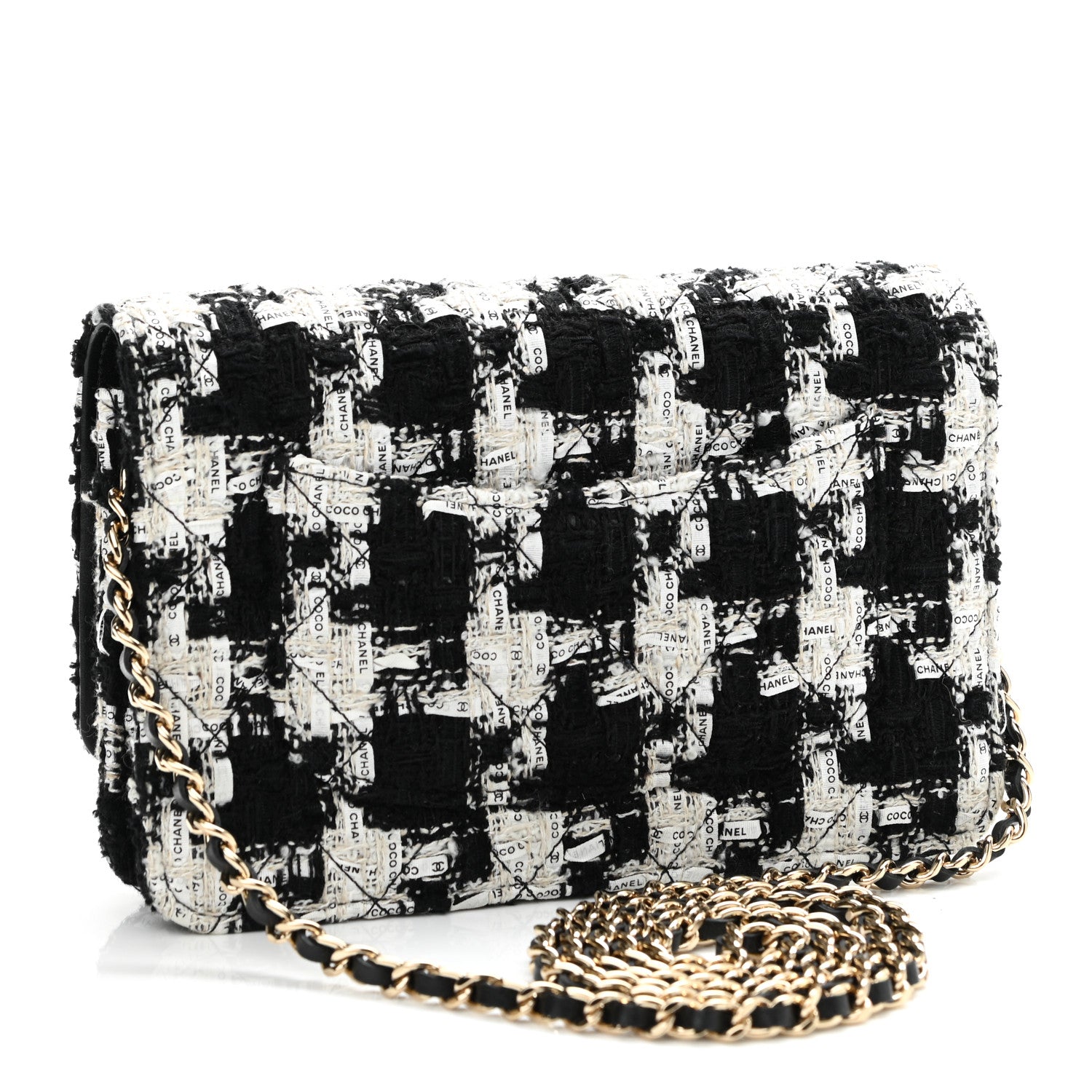 Chanel Tweed Quilted Wallet On Chain WOC Black Ecru White 3 of 12