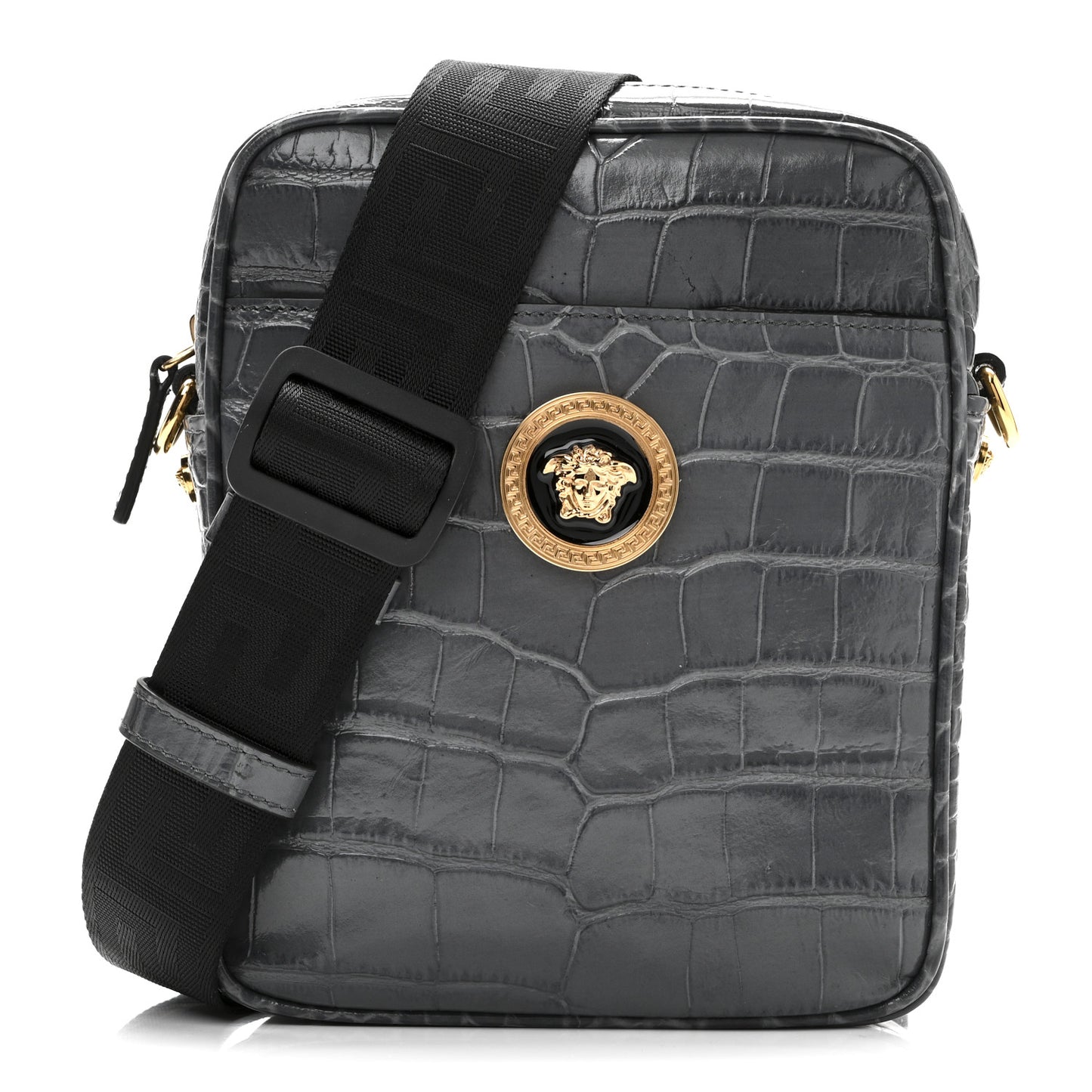 Calfskin Crocodile Embossed Medusa Messenger Bag Grey