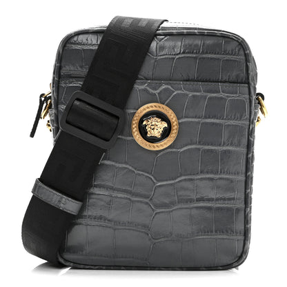 Versace Calfskin Crocodile Embossed Medusa Messenger Bag Grey 1 of 9