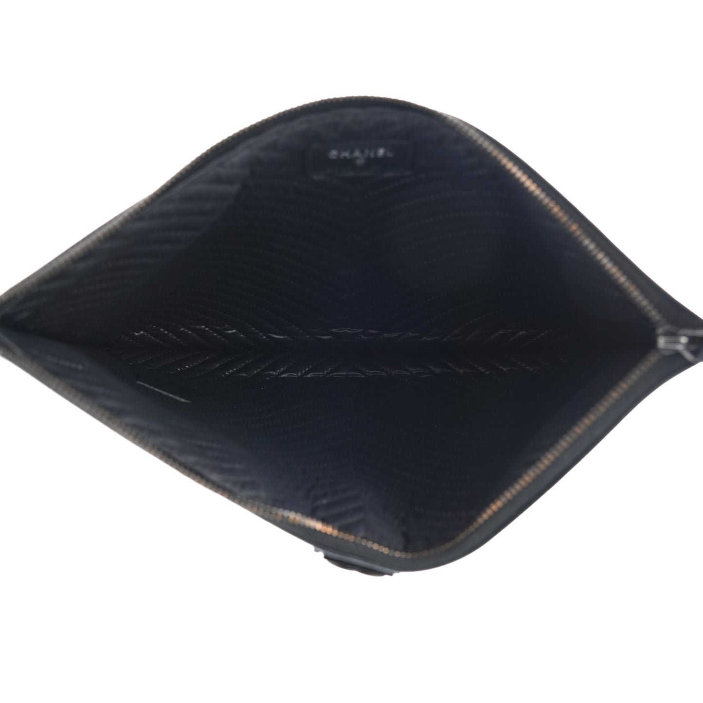 Calfskin Painted Chevron Embossed Large Boy Zip Pouch Black