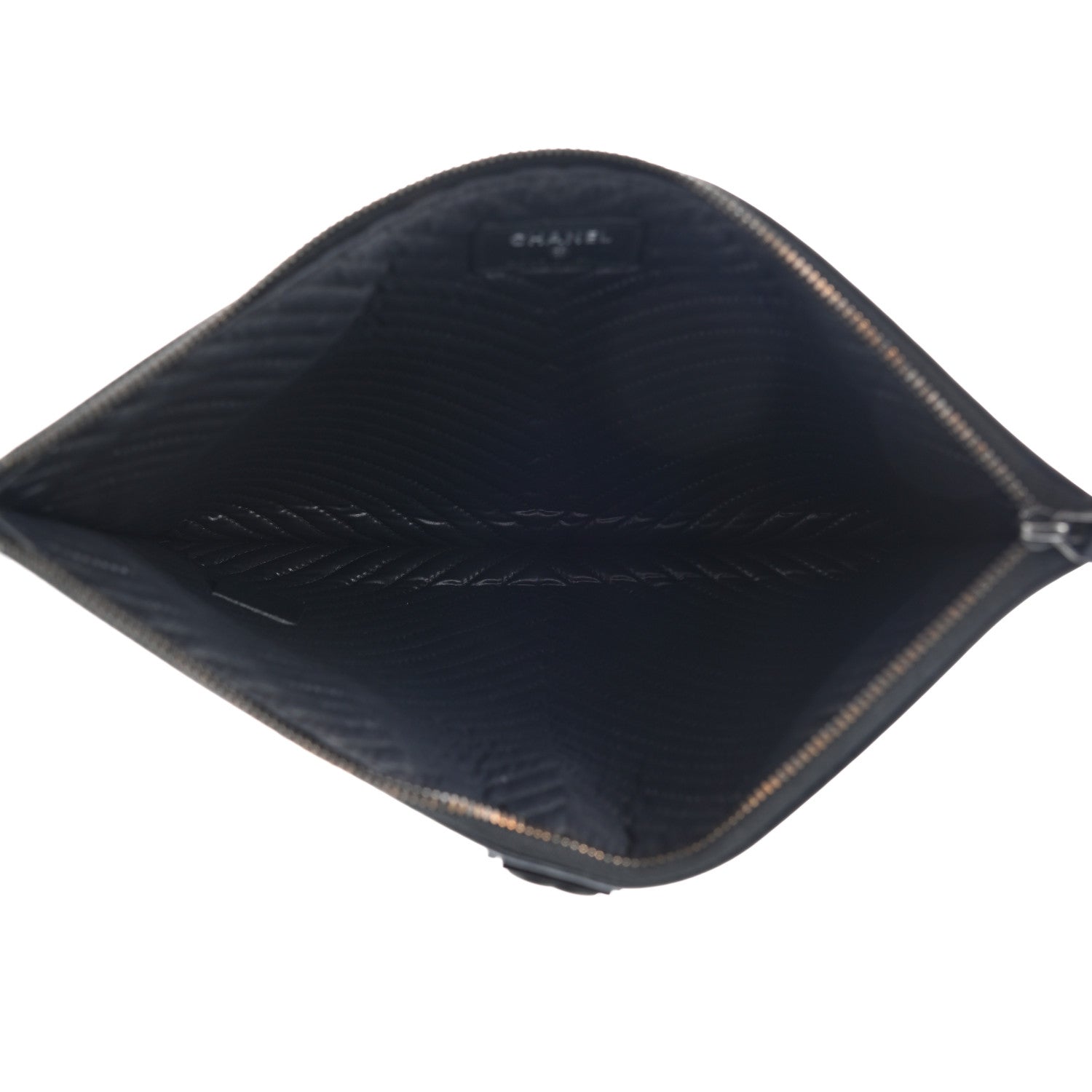 Chanel Calfskin Painted Chevron Embossed Large Boy Zip Pouch Black 5 of 9