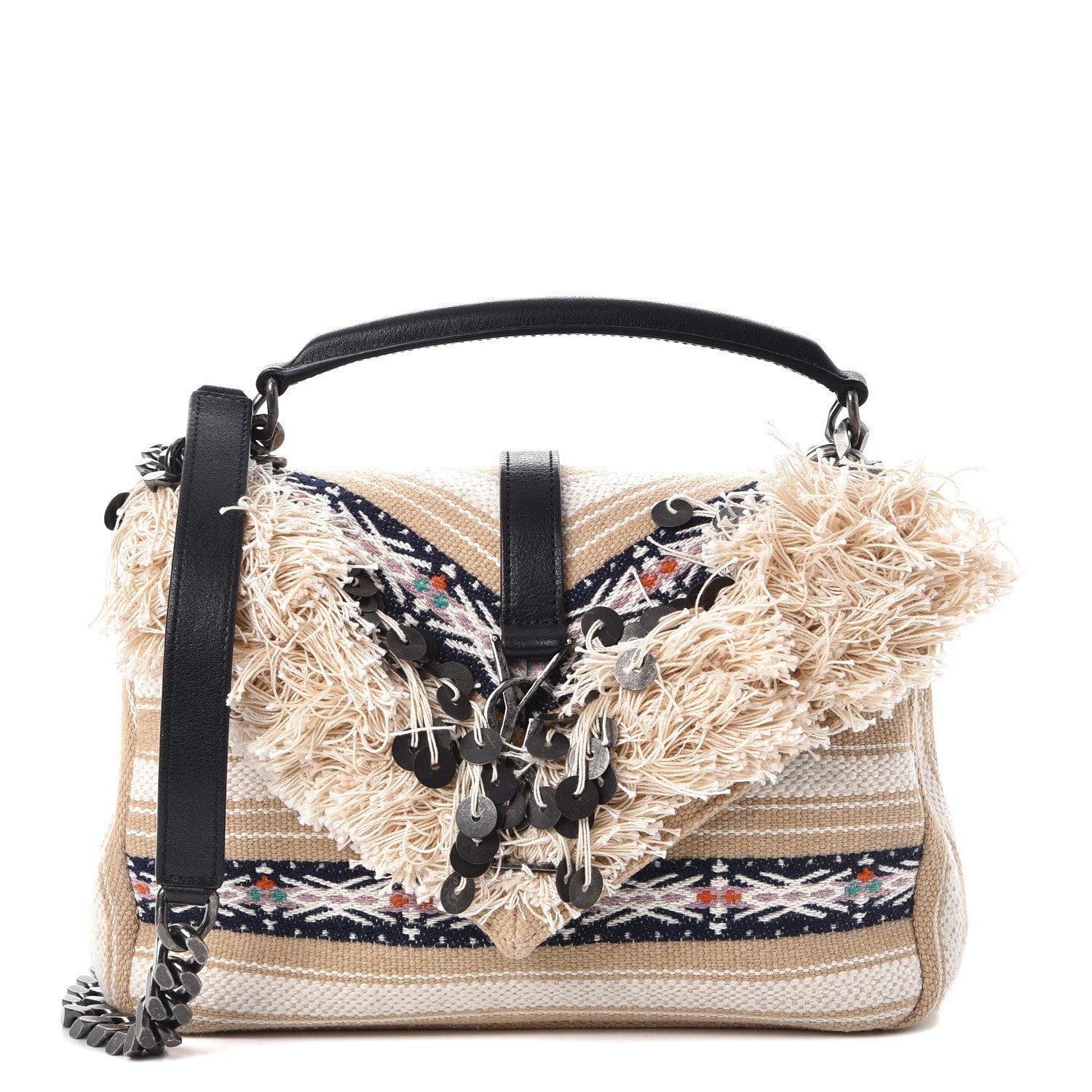 Saint Laurent Berber Chevron Tassel Monogram Medium College Bag Black White 1 of 7