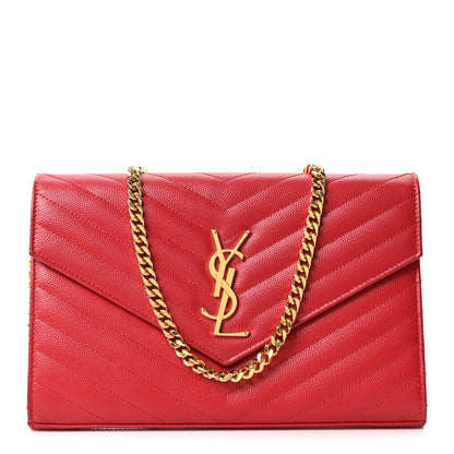 Saint Laurent Grain De Poudre Matelasse Chevron Monogram Chain Wallet Rouge Eros 1 of 8