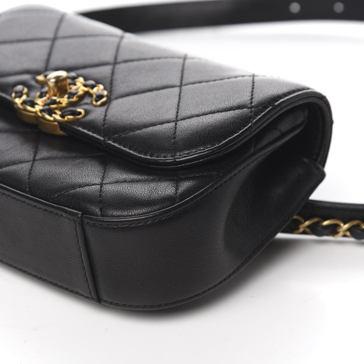Lambskin Quilted Chain Infinity Waist Belt Bag Black