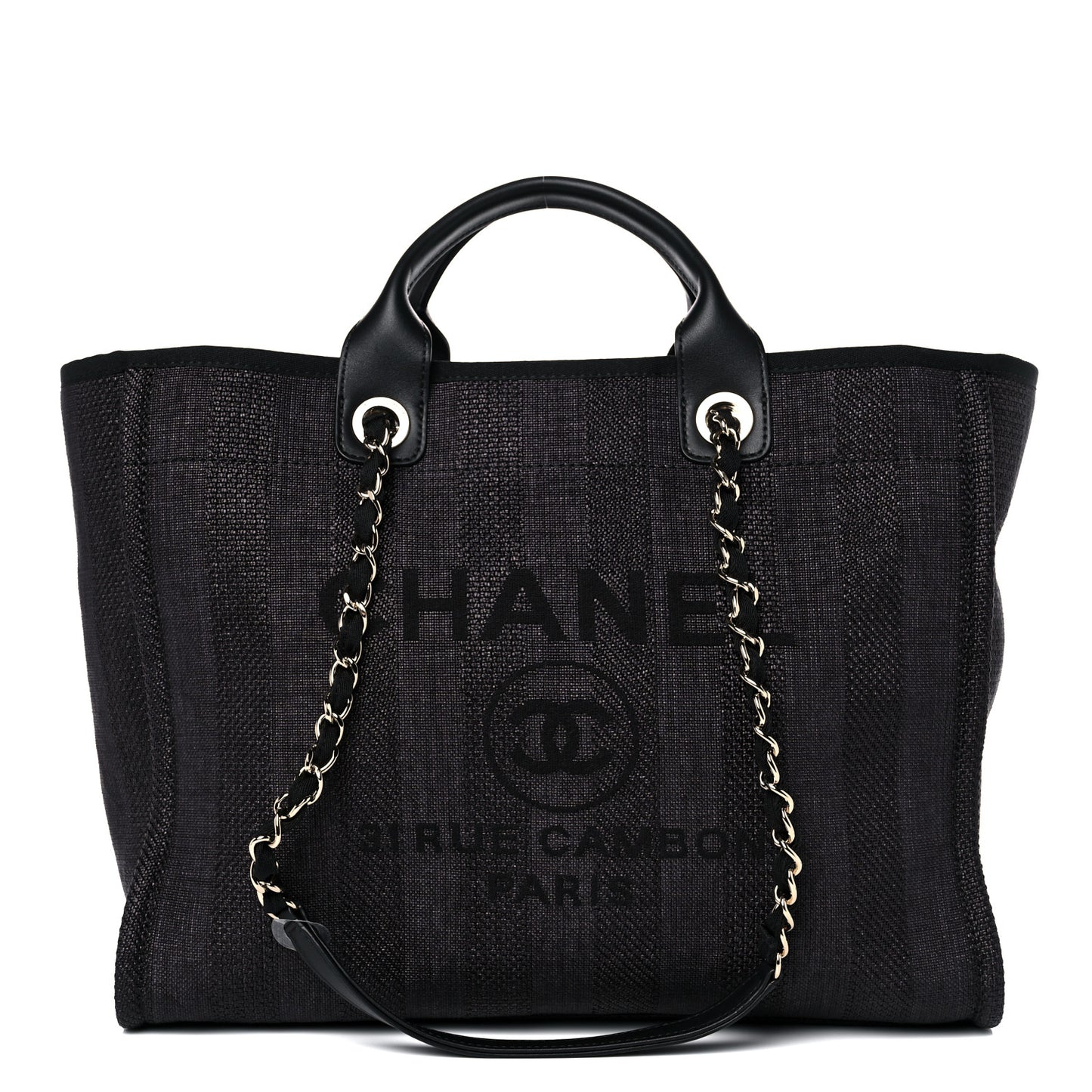 Mixed Fibers Calfskin Striped Medium Deauville Tote Black