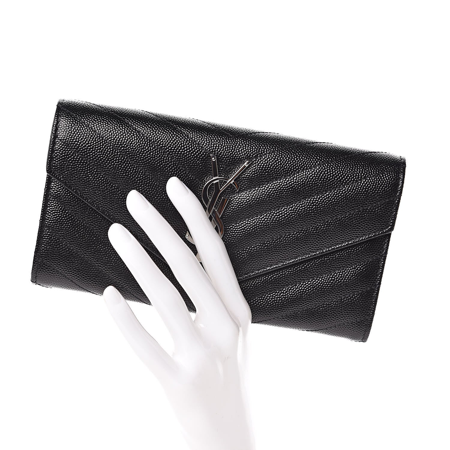 Saint Laurent Grain De Poudre Matelasse Chevron Monogram Flap Wallet Black 2 of 8
