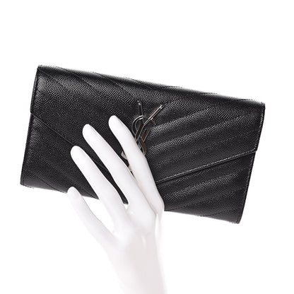 Saint Laurent Grain De Poudre Matelasse Chevron Monogram Flap Wallet Black 2 of 8