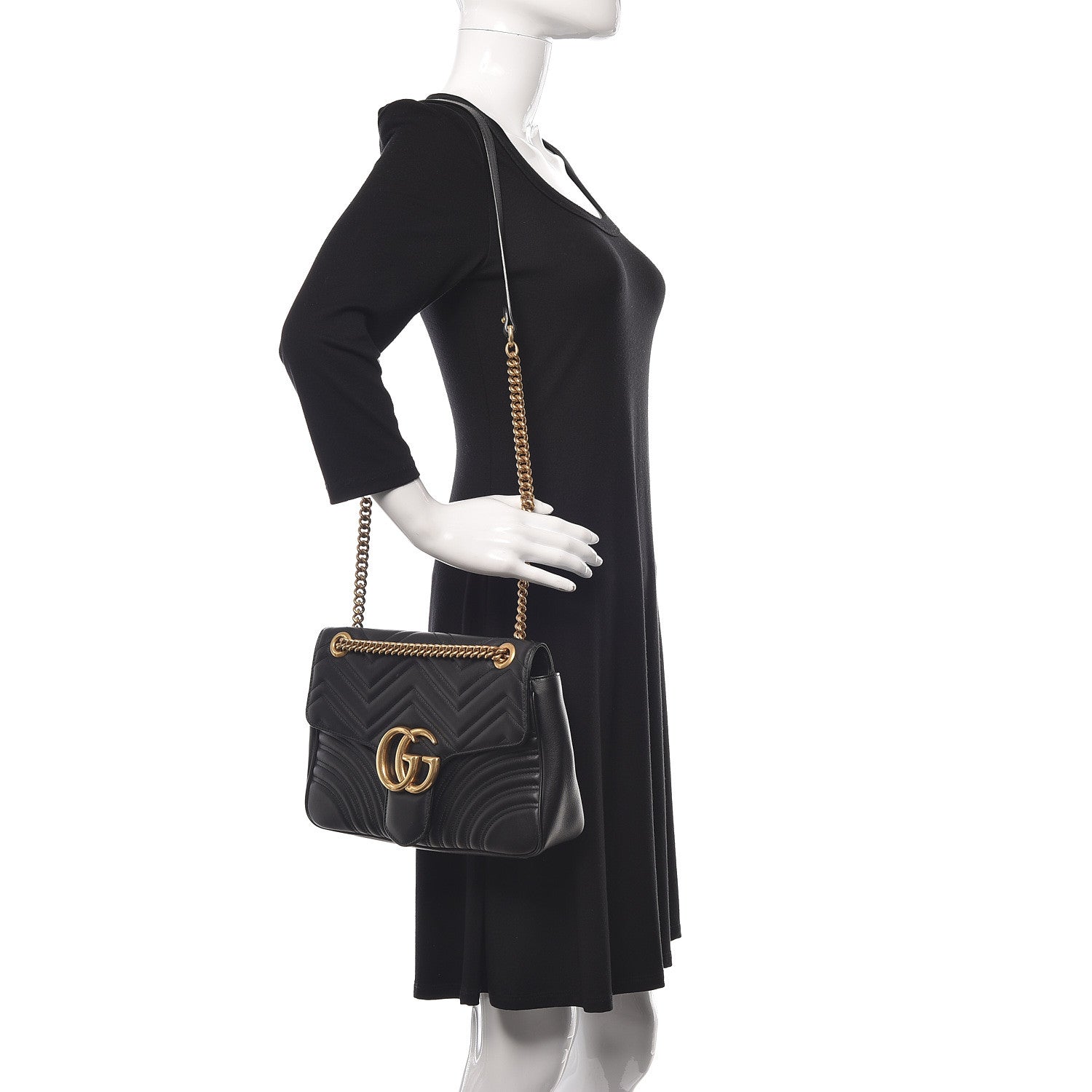 Gucci Calfskin Matelasse Medium GG Marmont Shoulder Bag Black 2 of 13