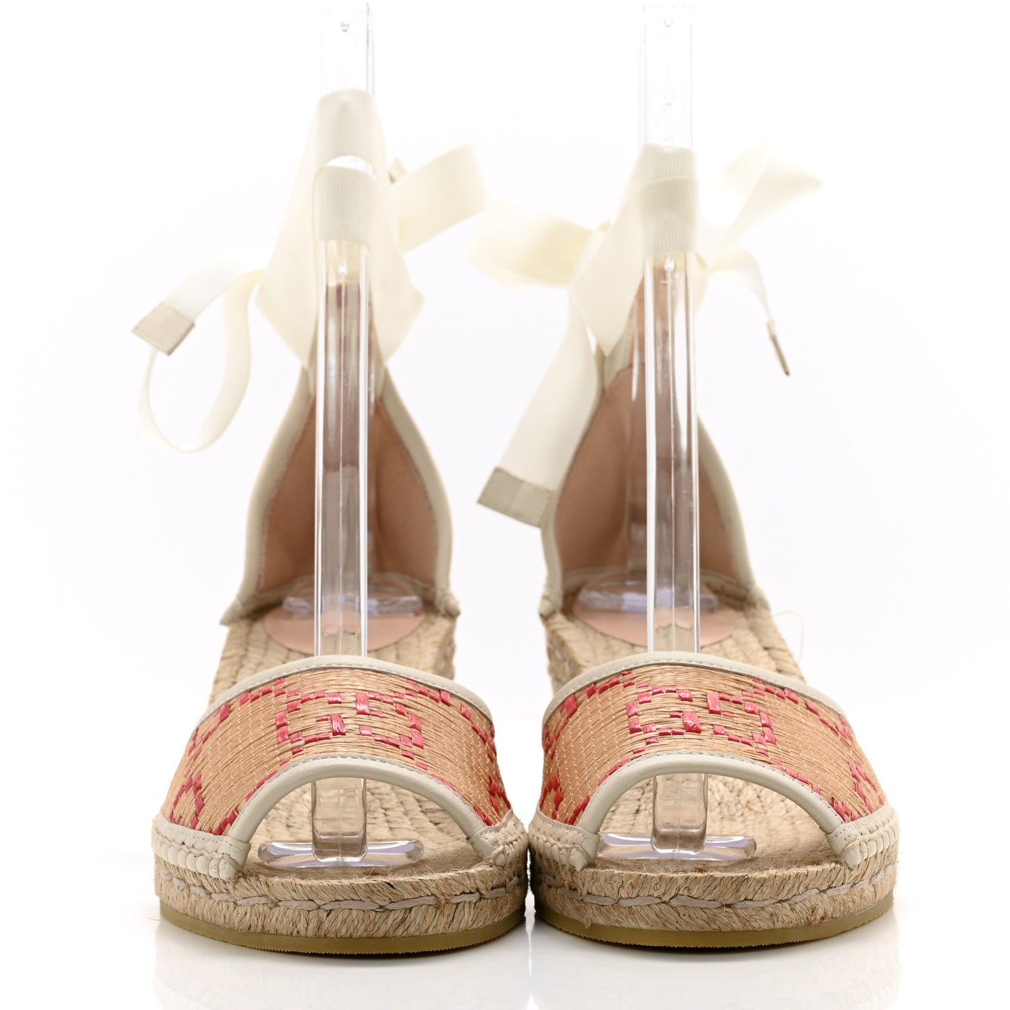 GG Raffia Monogram Ankle Wrap Platform Espadrille Wedge Sandals 40 Beige