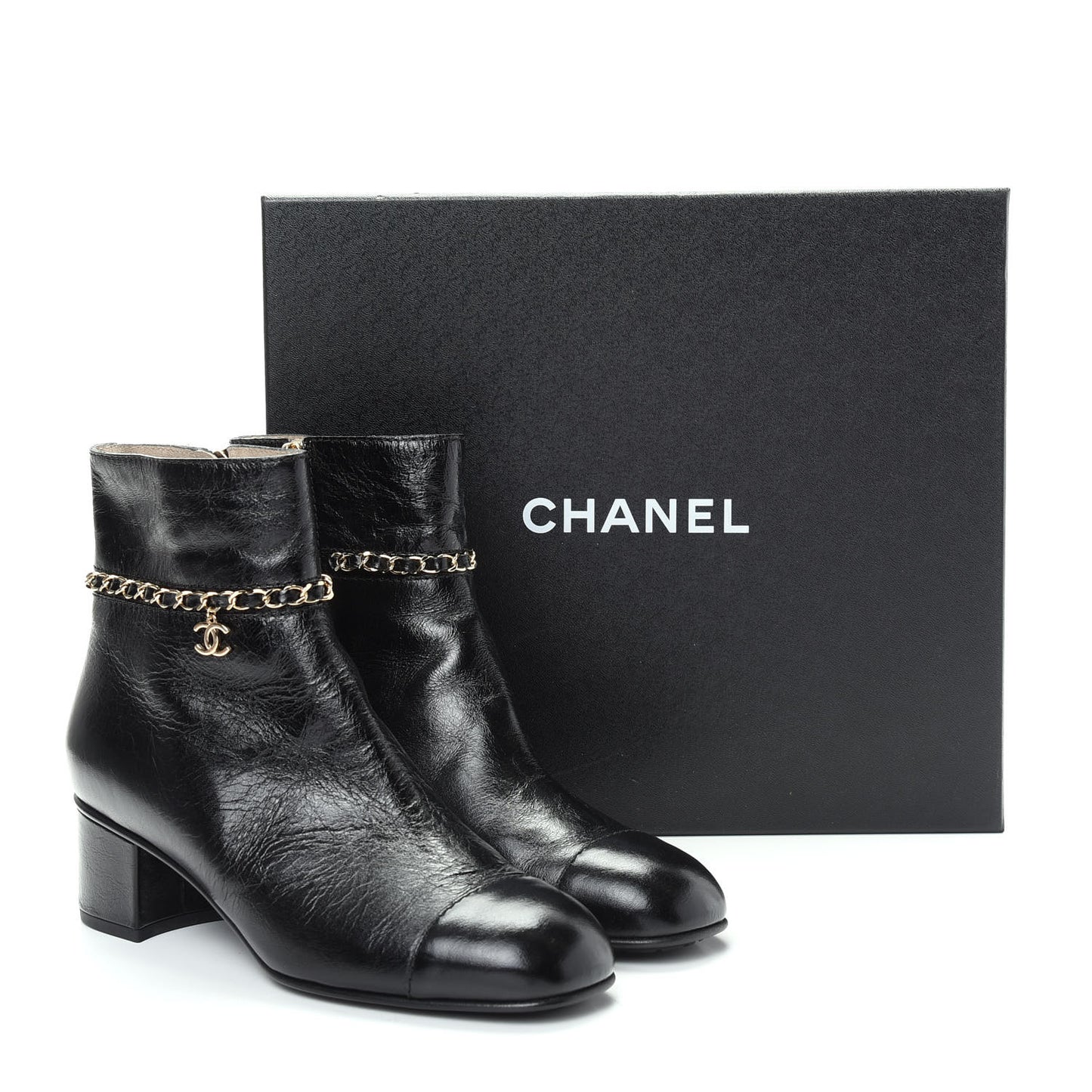 Crumpled Calfskin Cap Toe Chain Short Boots 39 Black