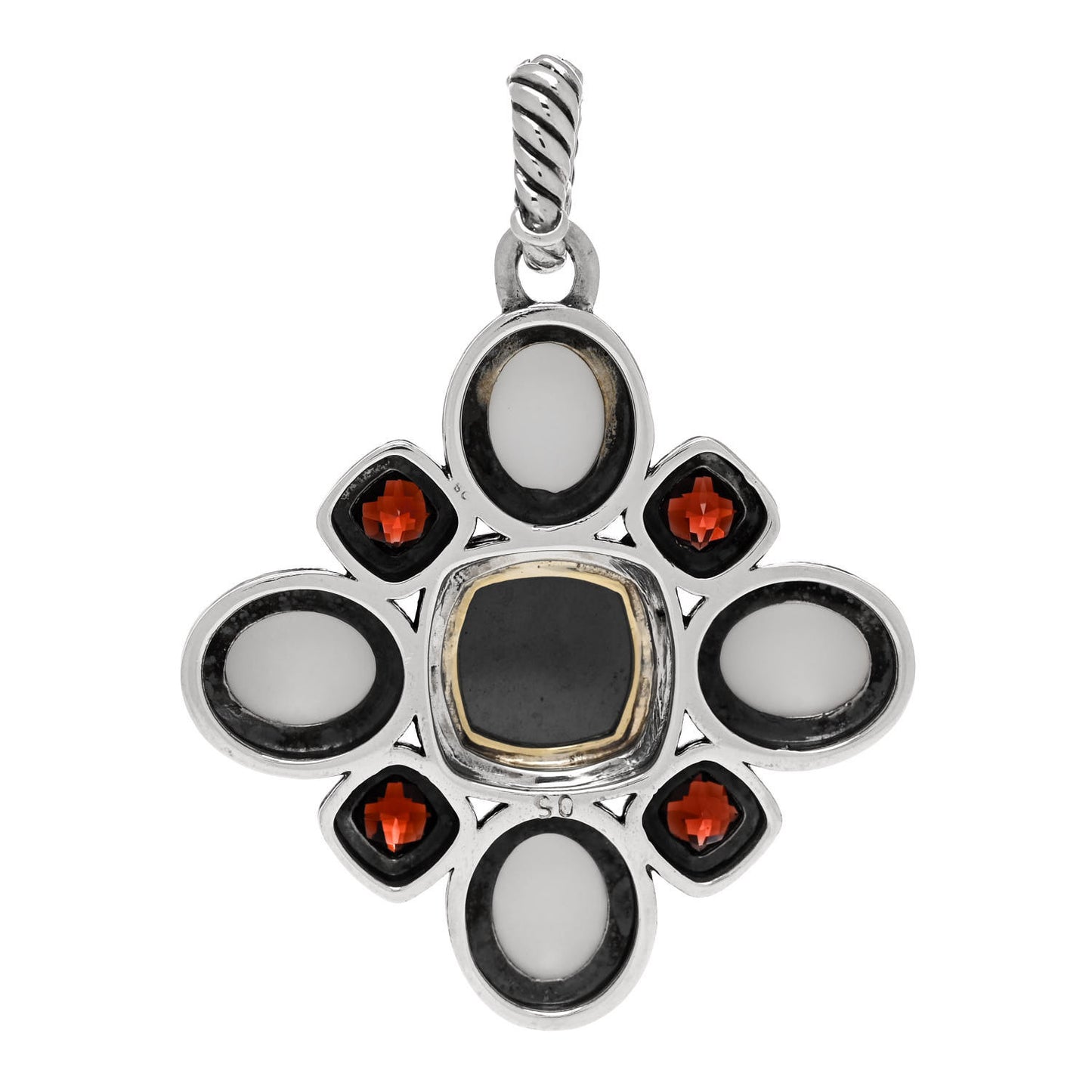 Sterling Silver 18K Yellow Gold White Agate Hematine Garnet Enhancer Pendant