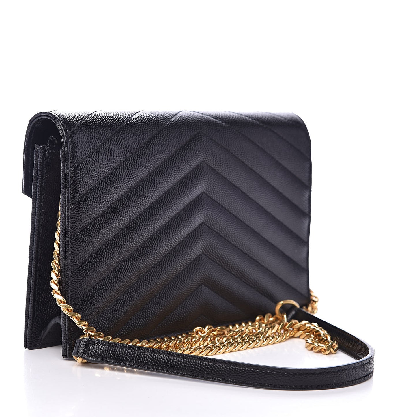 Grain De Poudre Matelasse Chevron Monogram Envelope Chain Wallet Black