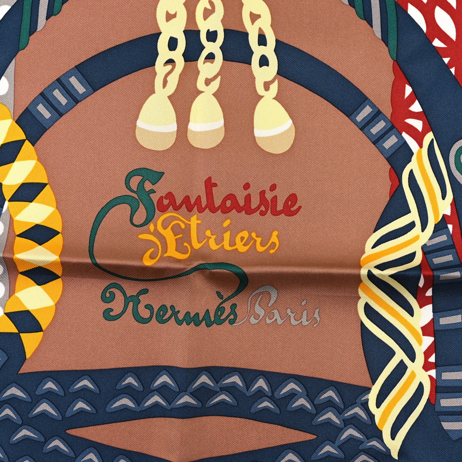 Hermes Silk Fantaisie D'etriers Scarf 90 Creme Noisette Marine 2 of 3