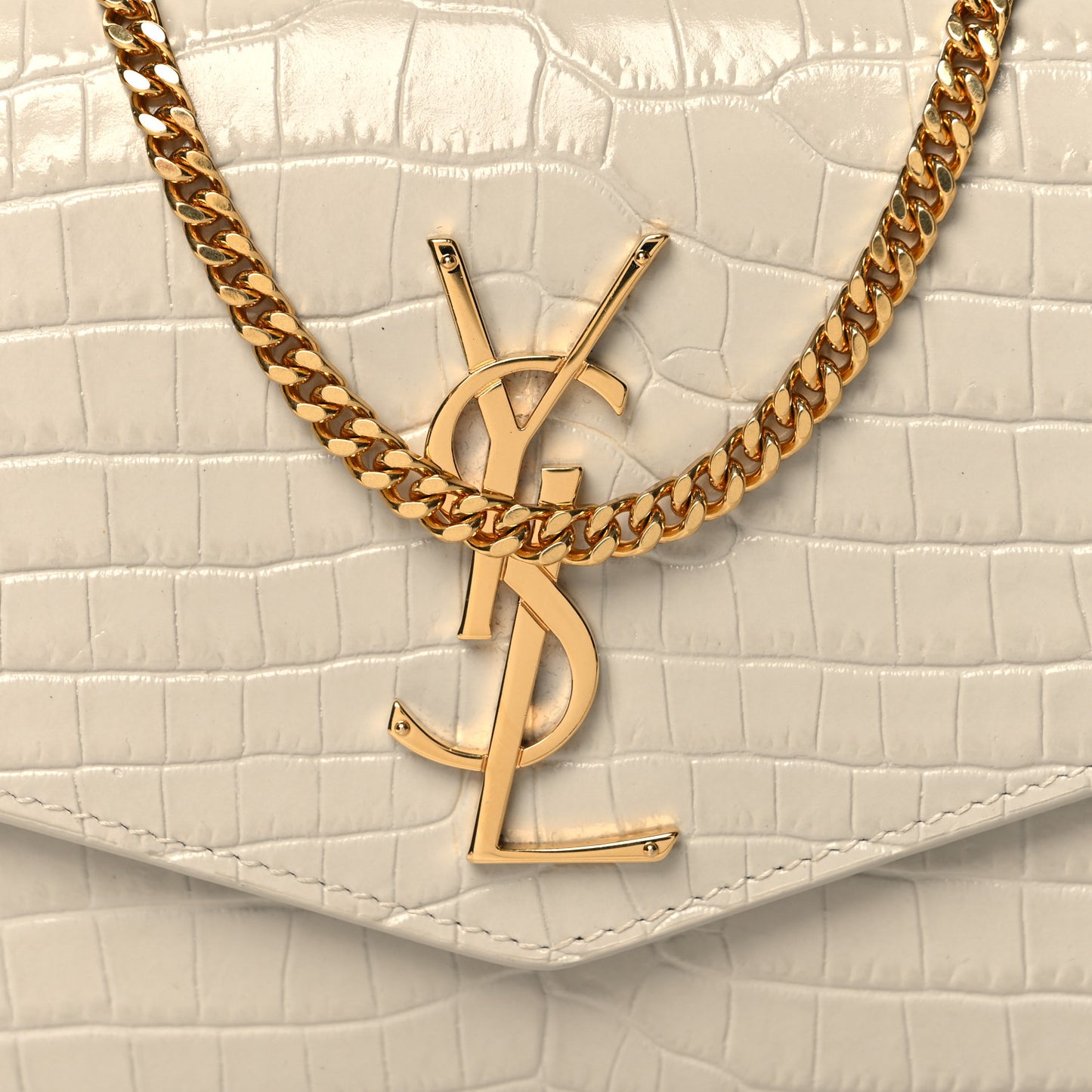 Calfskin Crocodile Embossed Monogram Uptown Chain Wallet Crema Soft