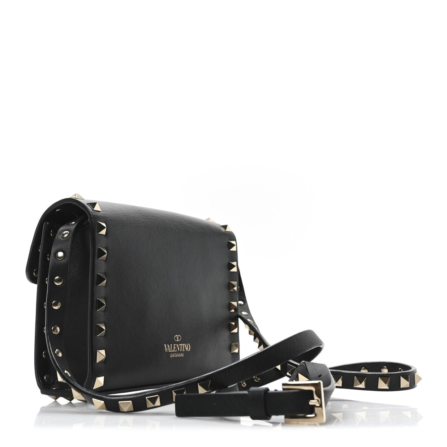 Grained Calfskin Rockstud Crossbody Bag Black