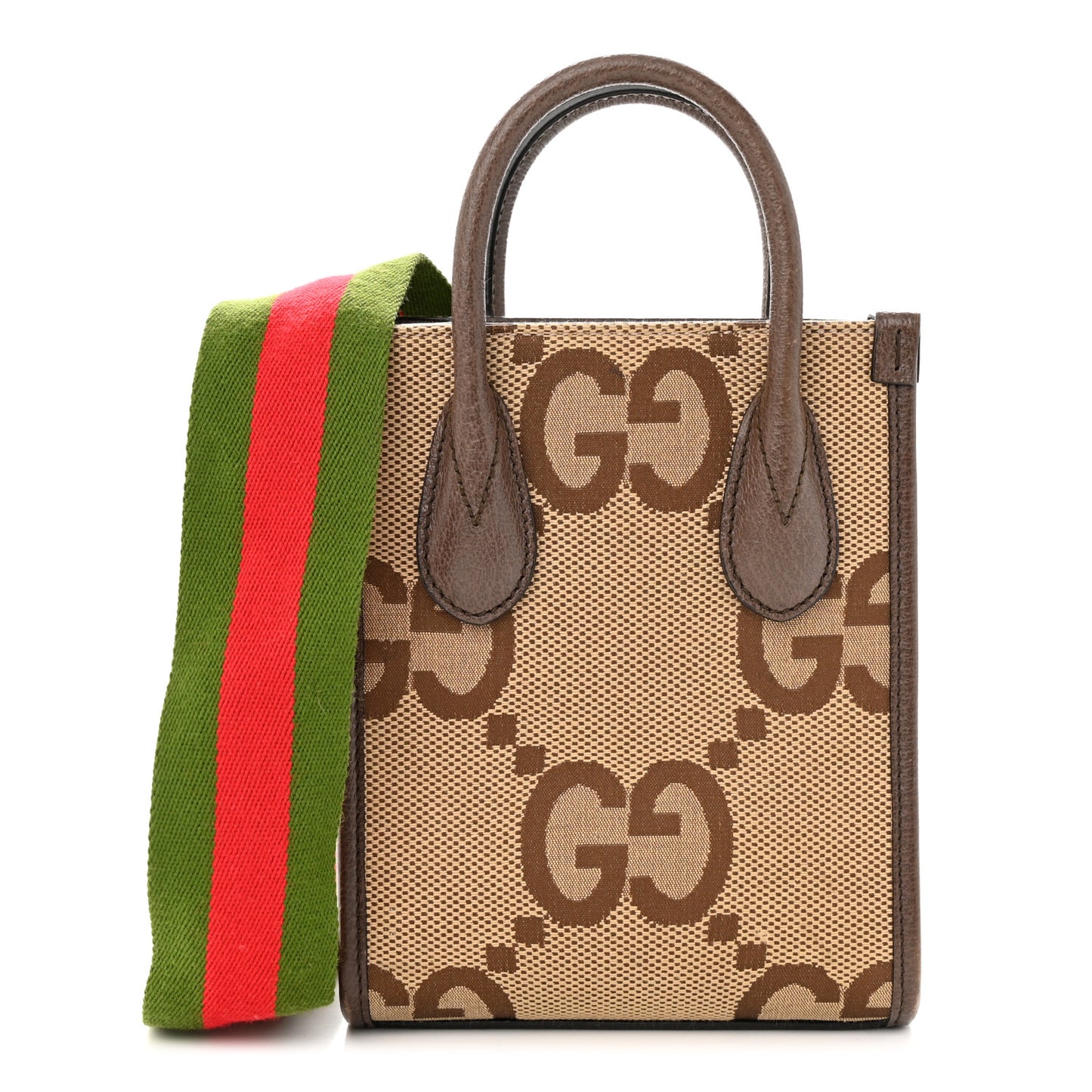 Monogram Jumbo GG Textured Dollar Calfskin Web Mini Vertical Tote Camel Ebony New Acero