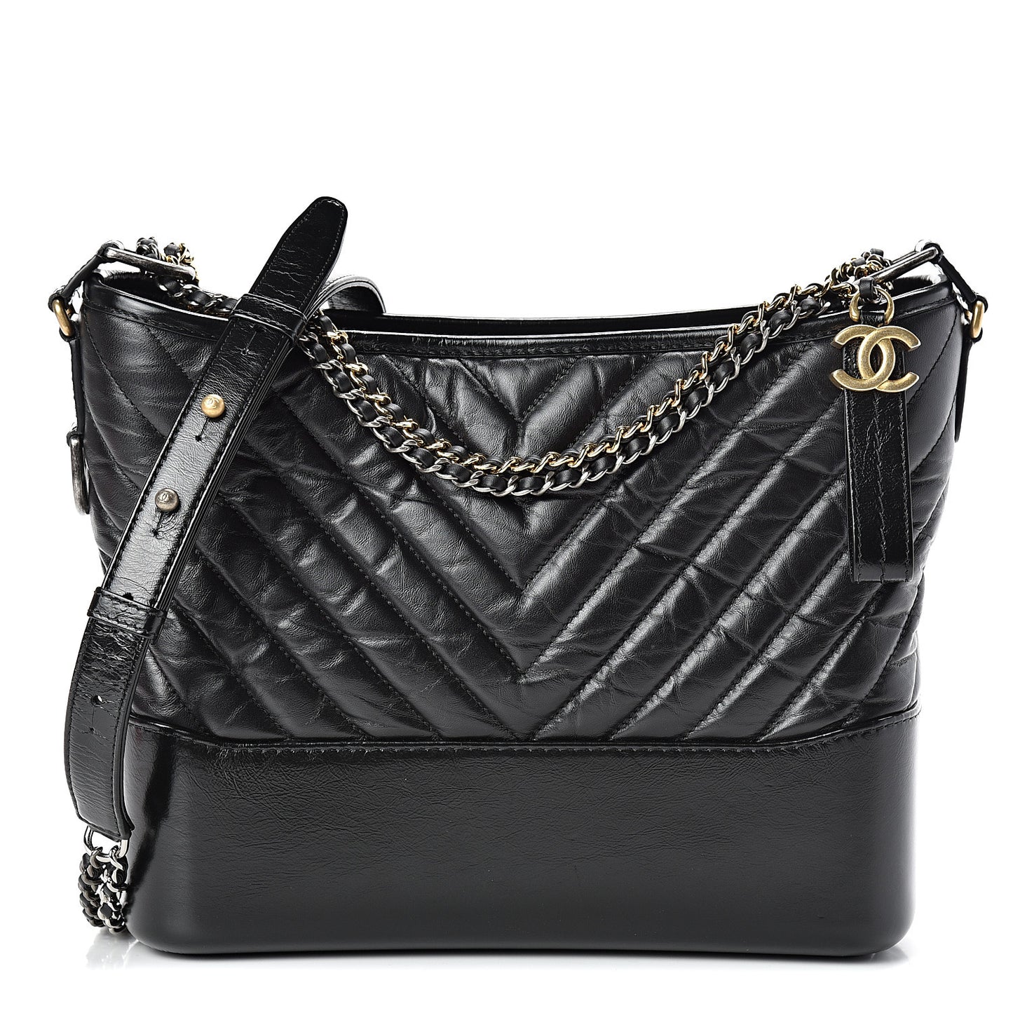 Aged Calfskin Chevron Quilted Medium Gabrielle Hobo Black