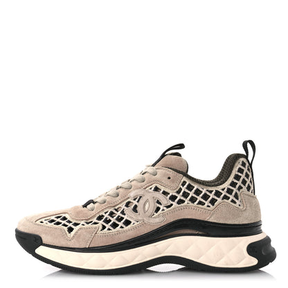 Chanel Suede Calfskin Embroidered CC Sneakers 41 Beige Black 1 of 8
