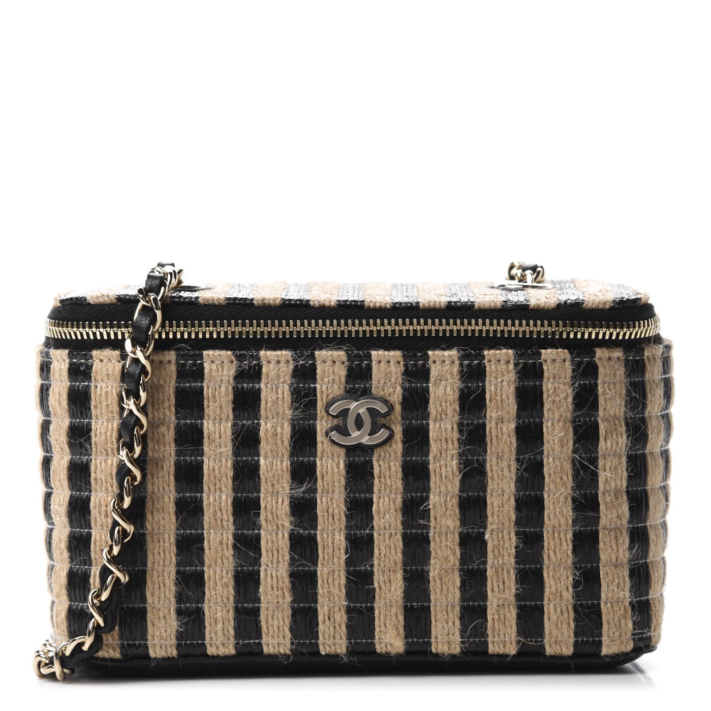 Raffia Jute Striped Small Vanity Case With Chain Black Beige