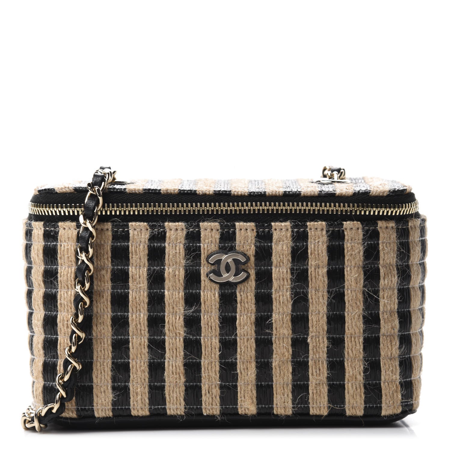 Chanel Raffia Jute Striped Small Vanity Case With Chain Black Beige 1 of 11