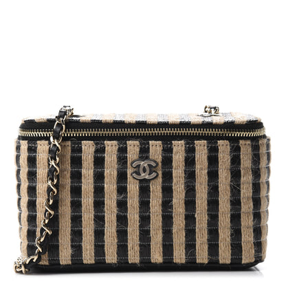 Chanel Raffia Jute Striped Small Vanity Case With Chain Black Beige 1 of 11