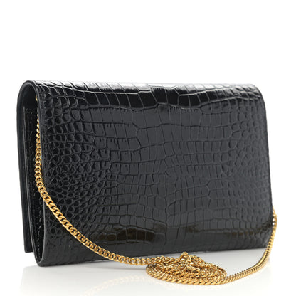 Saint Laurent Calfskin Crocodile Embossed Monogram Chain Wallet Black 2 of 12