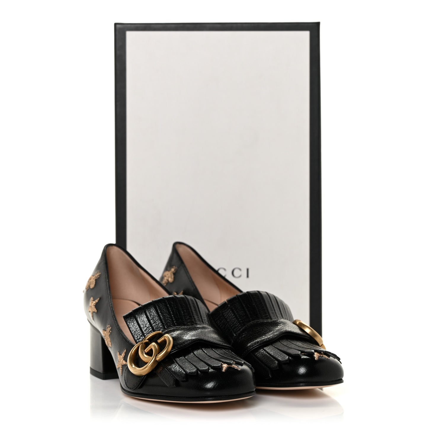 Quentin Goatskin Bee Star Embroidered GG Marmont Fringe 50mm Loafer Pumps 35 Black