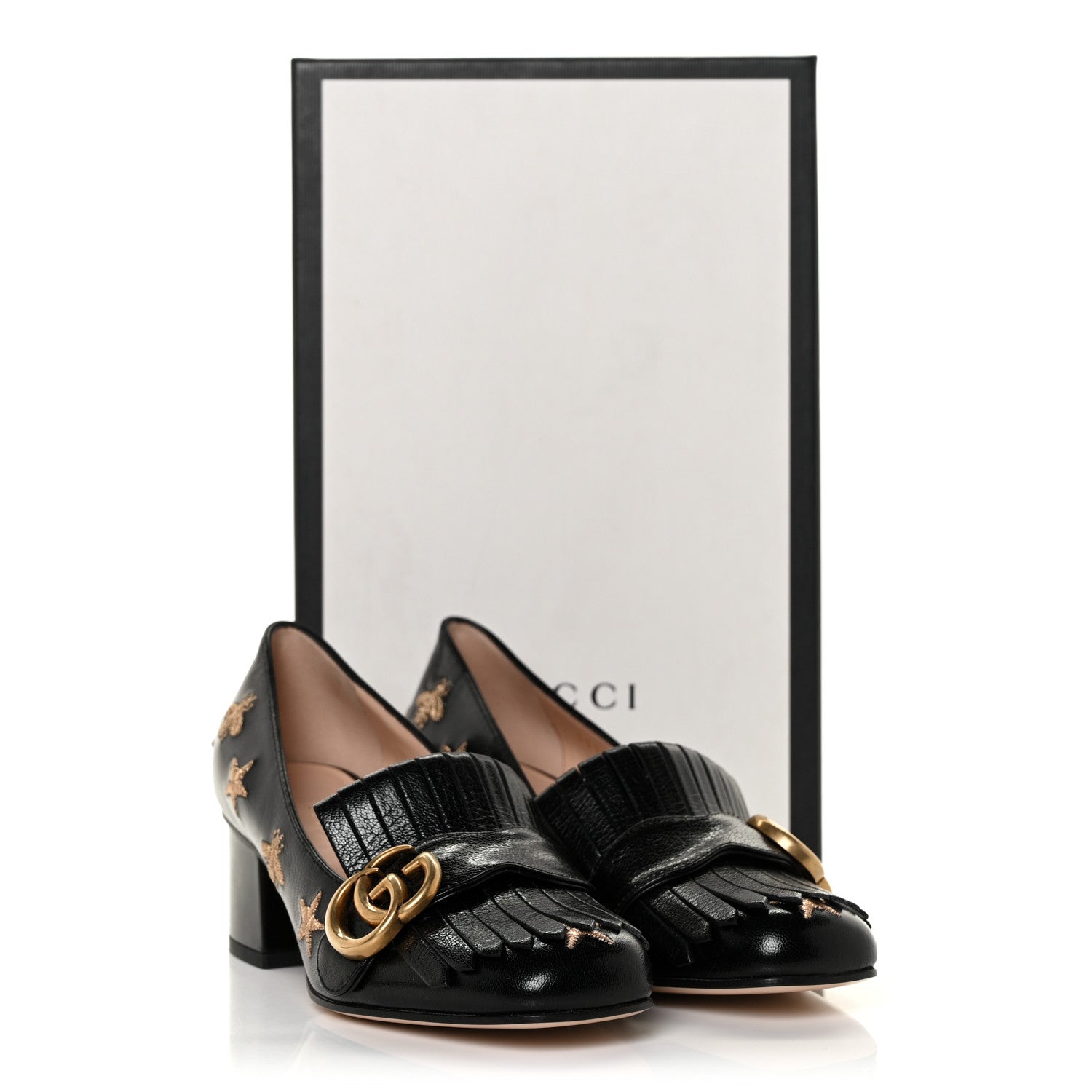 Gucci Quentin Goatskin Bee Star Embroidered GG Marmont Fringe 50mm Loafer Pumps 35 Black 10 of 10