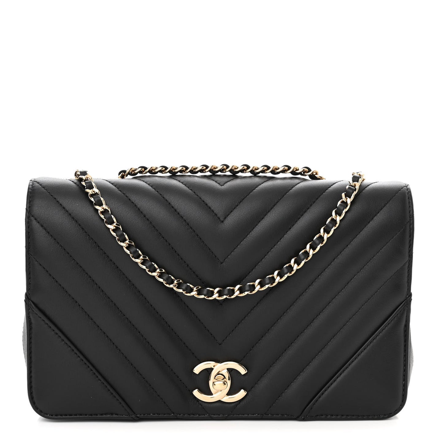 Calfskin Chevron Quilted Medium Statement Flap Black