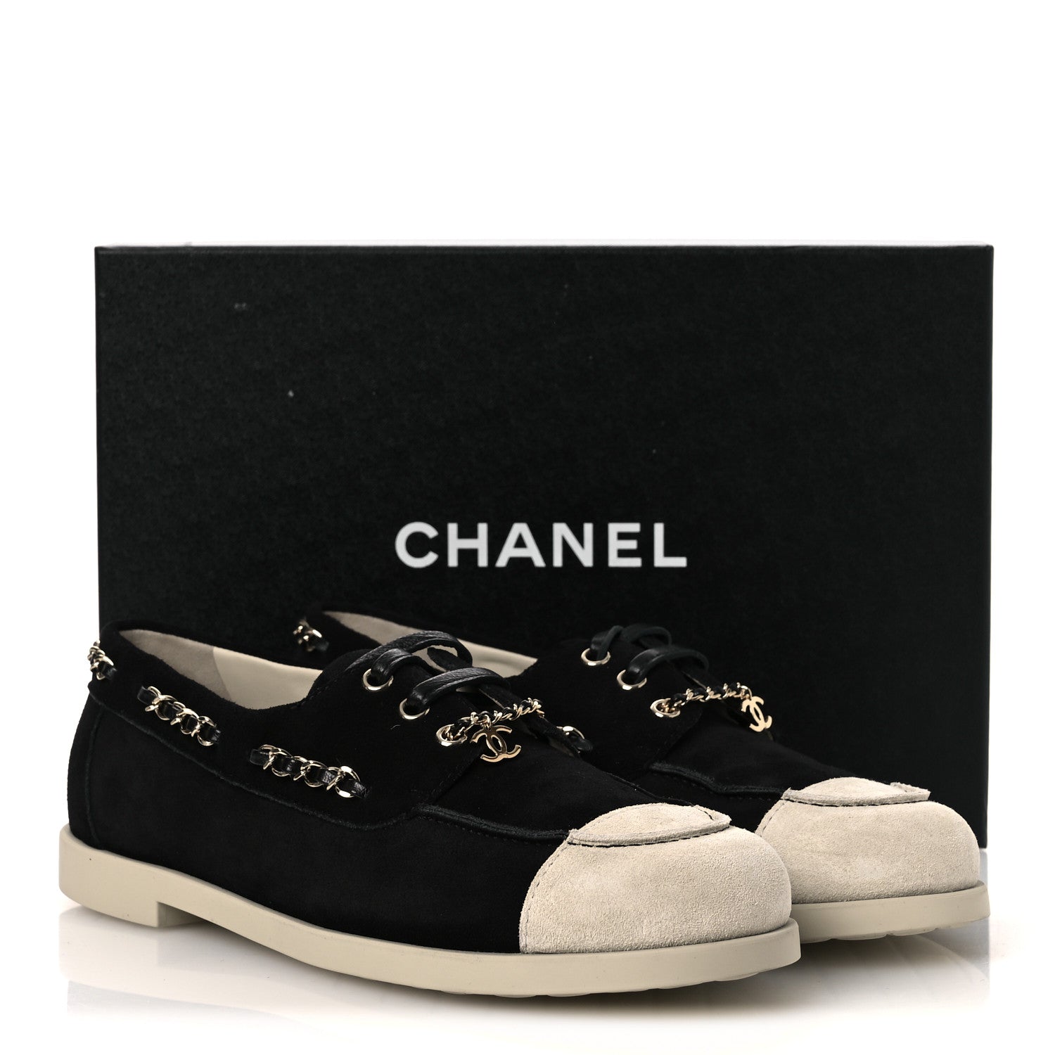 Chanel Suede Calfskin CC Chain Loafers 38.5 Black Light Gray 11 of 11