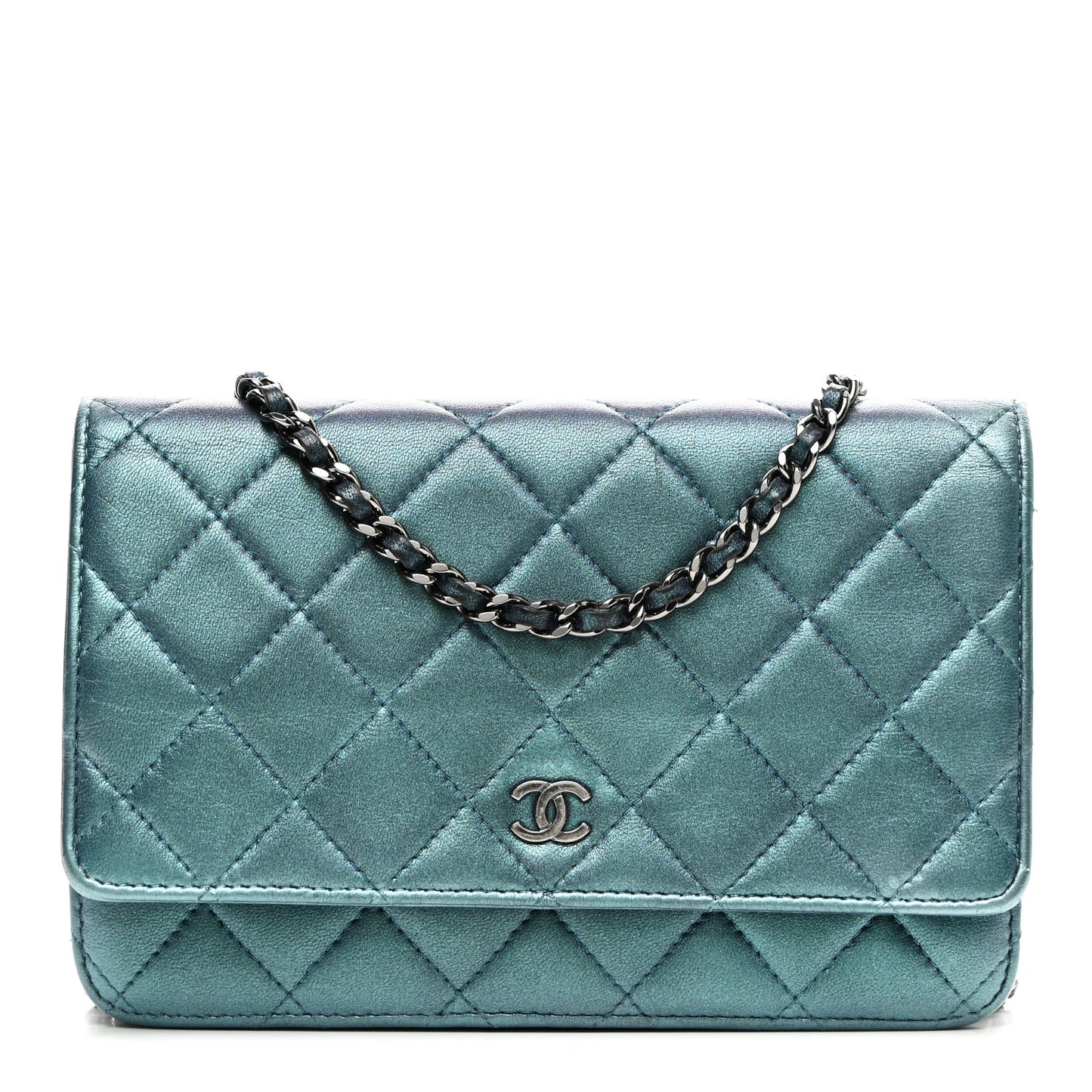 Metallic Lambskin Wallet On Chain WOC Turquoise