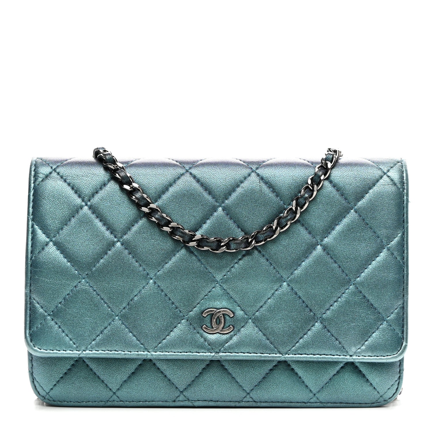 Chanel Metallic Lambskin Wallet On Chain WOC Turquoise 1 of 13