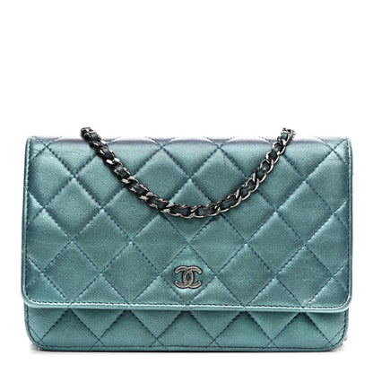 Chanel Metallic Lambskin Wallet On Chain WOC Turquoise 1 of 13