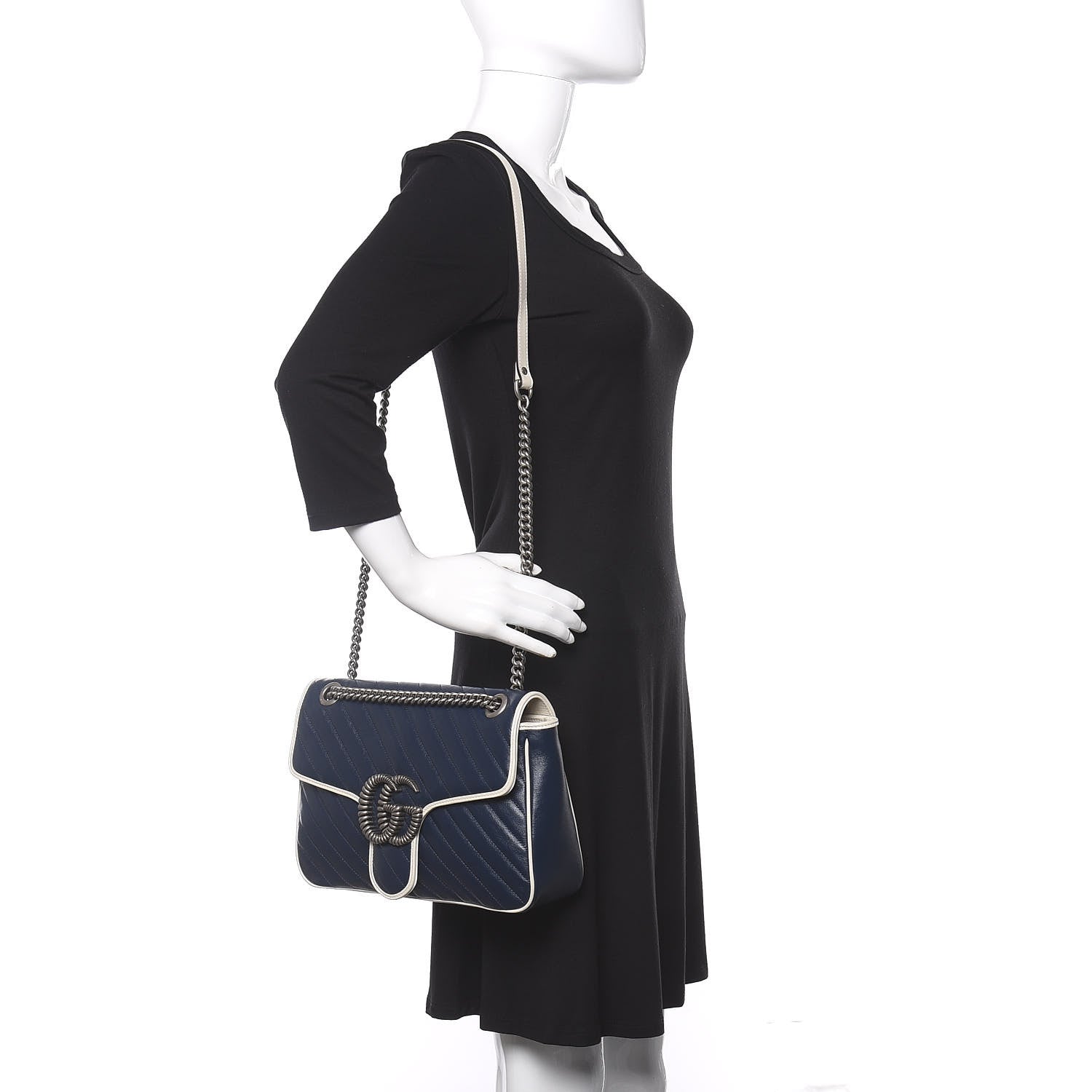 Gucci Vintage Effect Calfskin Matelasse Diagonal Medium Torchon GG Marmont Shoulder Bag Blue Agata Mystic White 2 of 10
