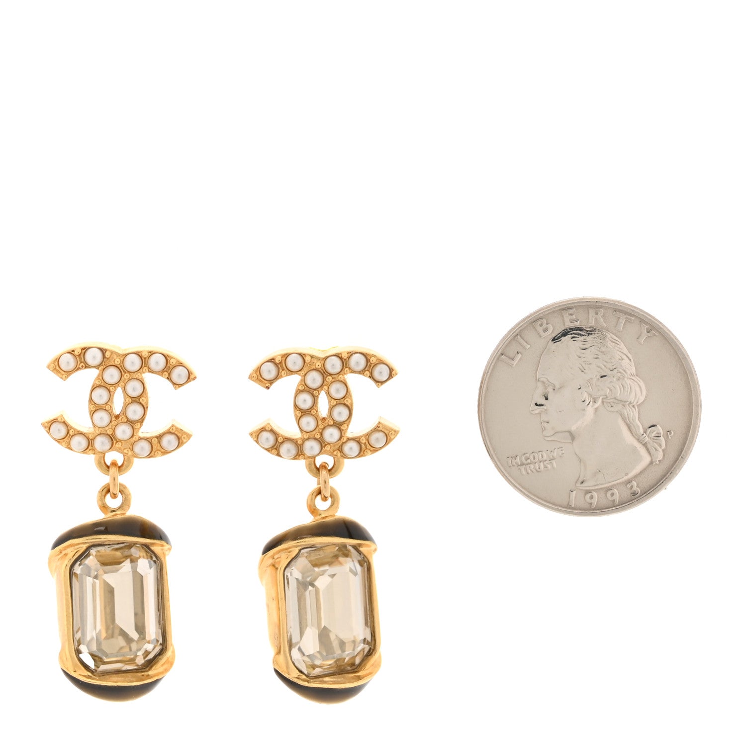 Chanel Crystal Pearl CC Drop Earrings Gold White 2 of 5