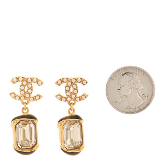 Crystal Pearl CC Drop Earrings Gold White