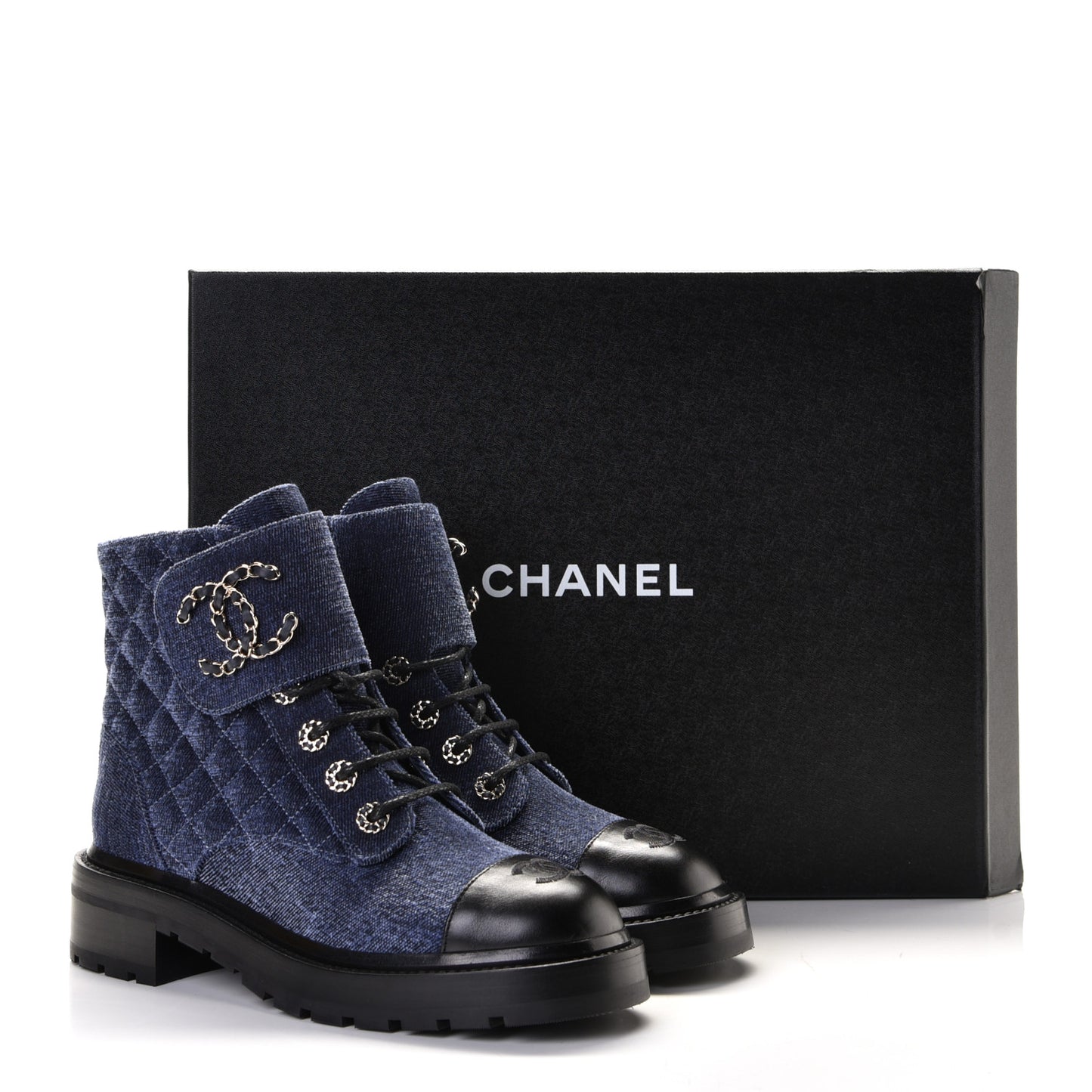 Denim Calfskin Quilted Lace Up Combat Boots 38 Blue