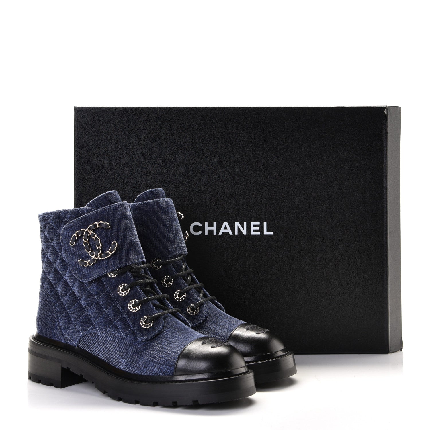 Chanel Denim Calfskin Quilted Lace Up Combat Boots 38 Blue 4 of 6