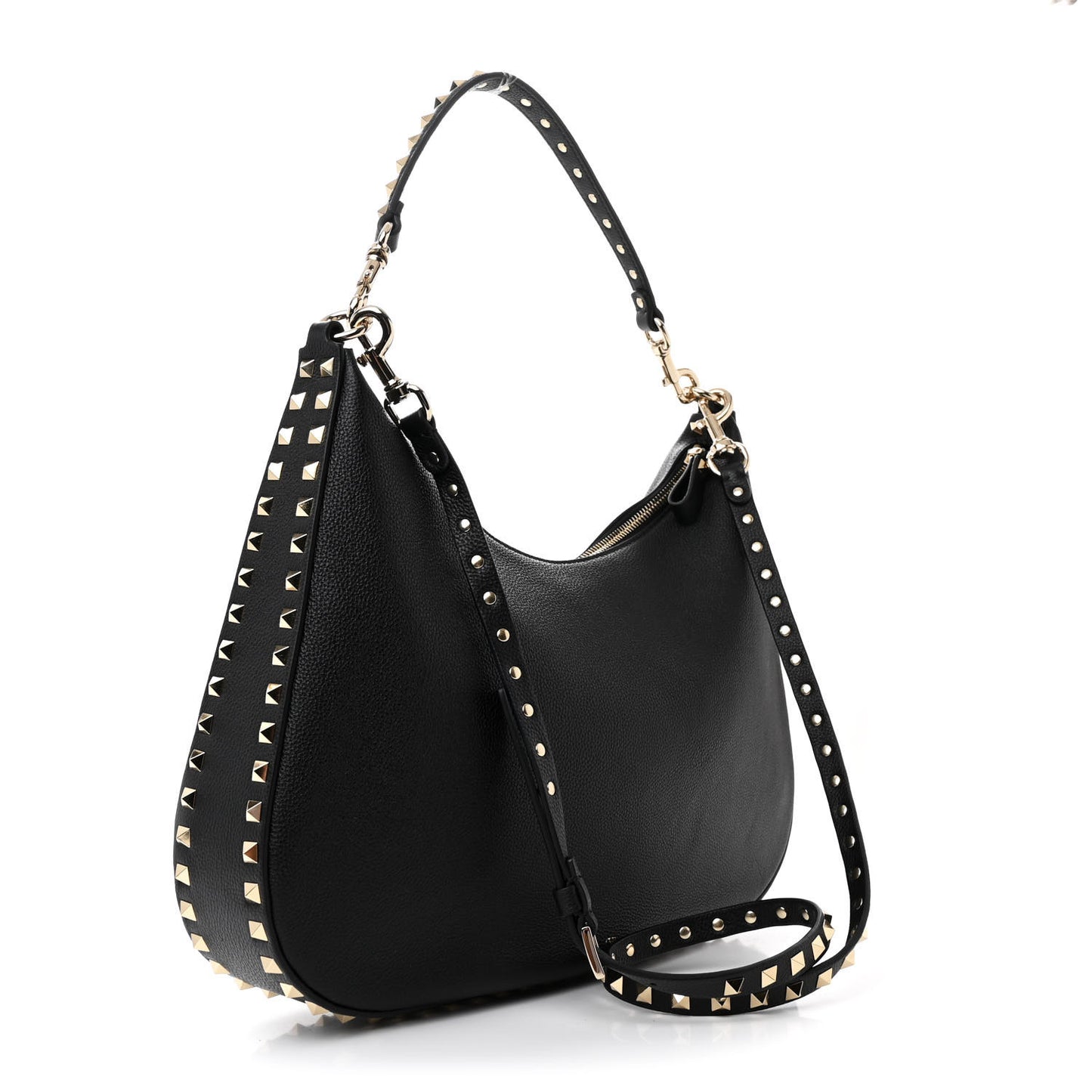 Grained Calfskin Rockstud Hobo Bag Black