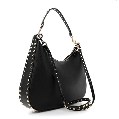 Valentino Garavani Grained Calfskin Rockstud Hobo Bag Black 3 of 9